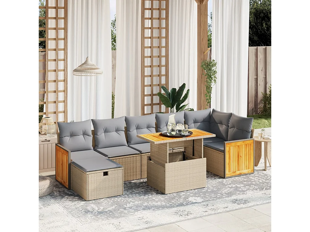 8 peças conjunto de sofás para jardim com almofadões vime PE bege