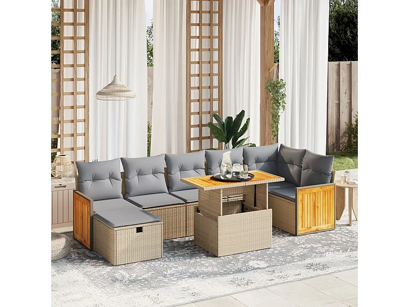 8 peças conjunto de sofás para jardim com almofadões vime PE bege