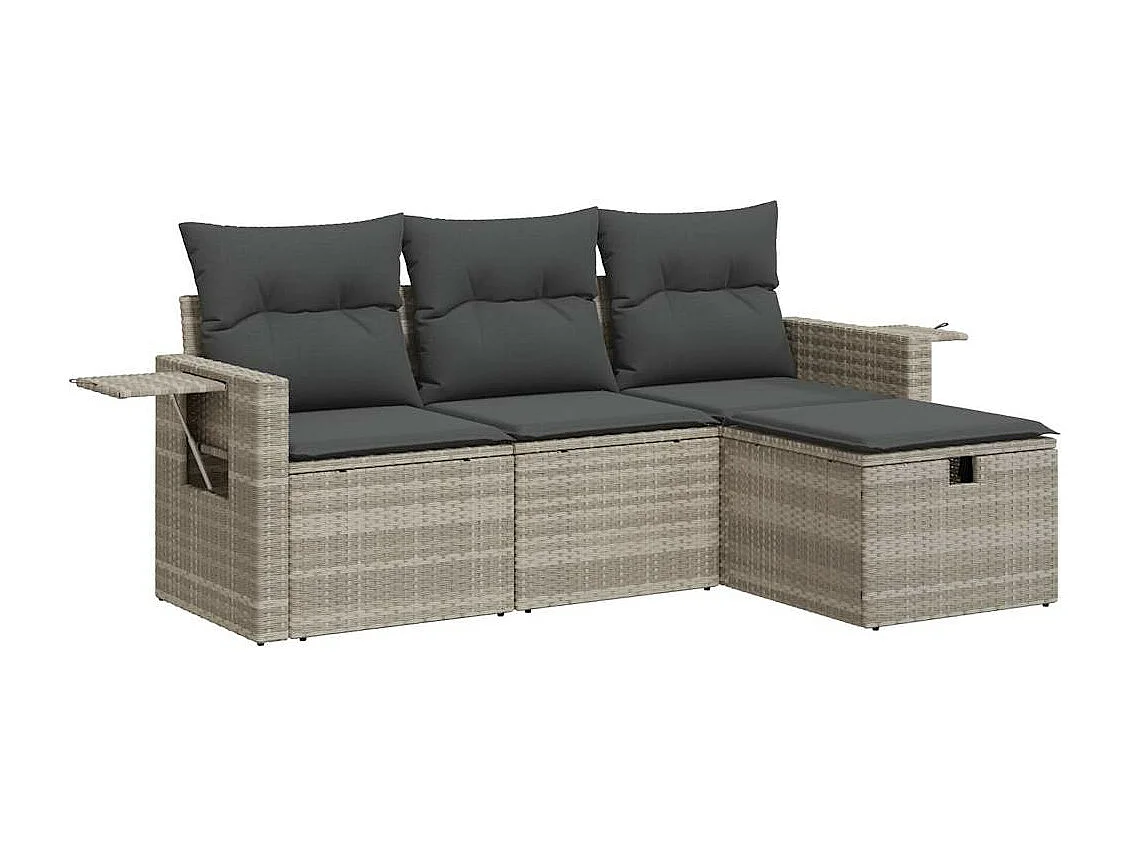 4-delige Loungeset met kussens poly rattan lichtgrijs