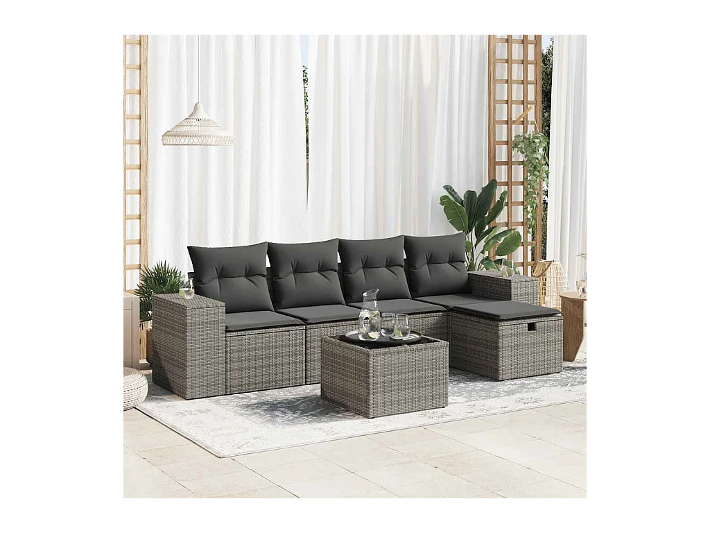 6-delige Loungeset met kussens poly rattan grijs