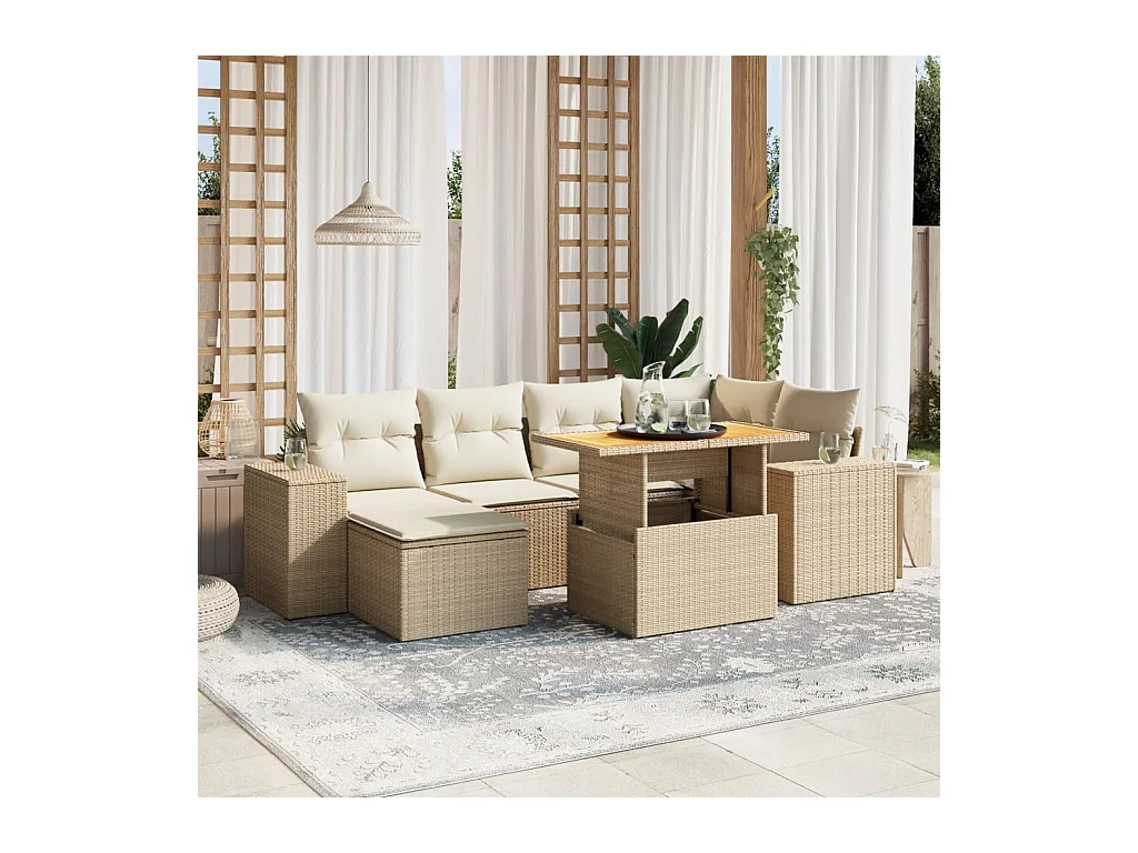 Set sofás de jardín 7 piezas y cojines ratán sintético beige