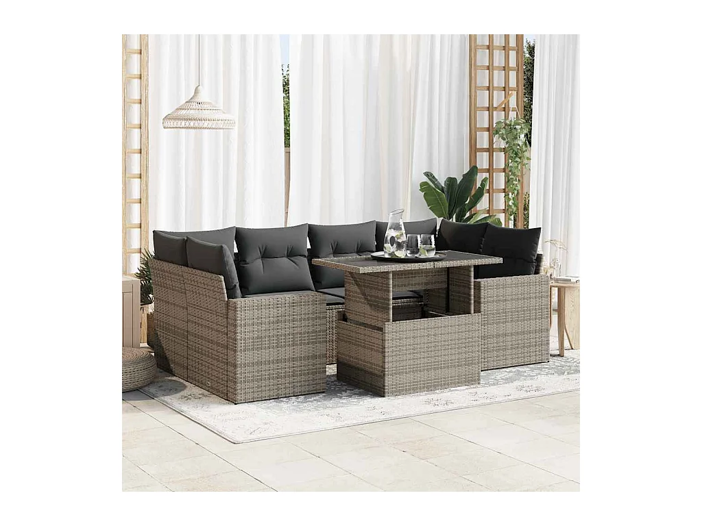 Salon de jardin avec coussins 7 pièces gris résine tressée
