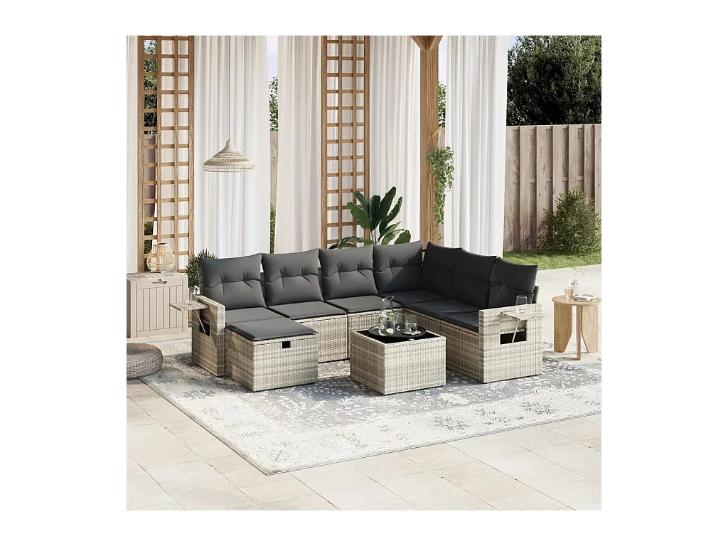 8-delige Loungeset met kussens poly rattan lichtgrijs