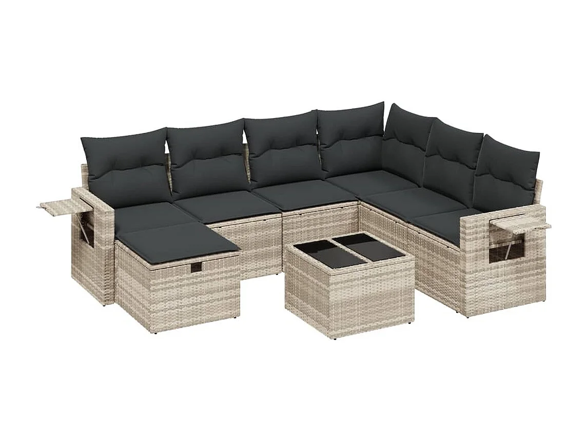 Salon de jardin 8 pièces avec coussins gris clair résine tressée