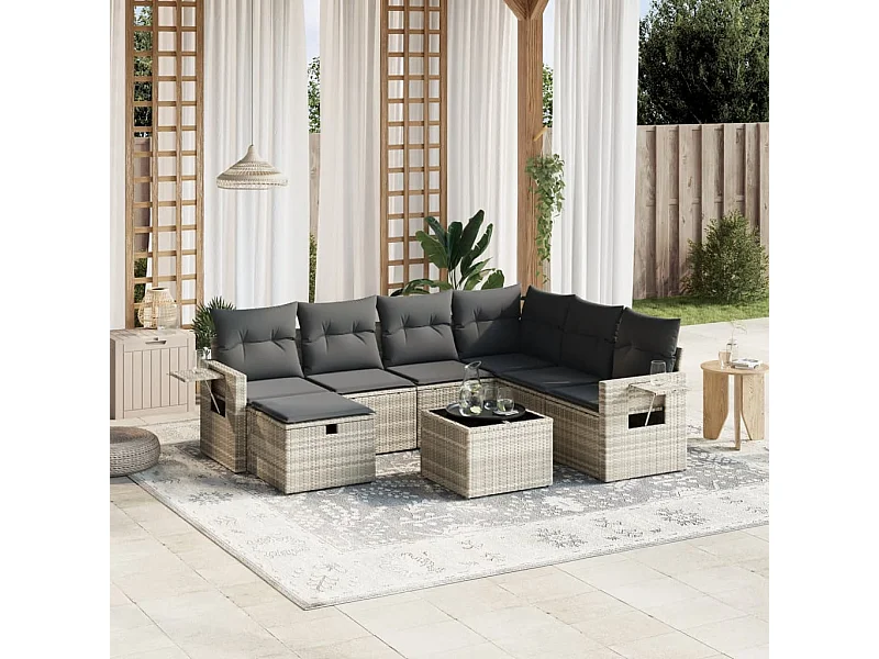 Salon de jardin 8 pièces avec coussins gris clair résine tressée