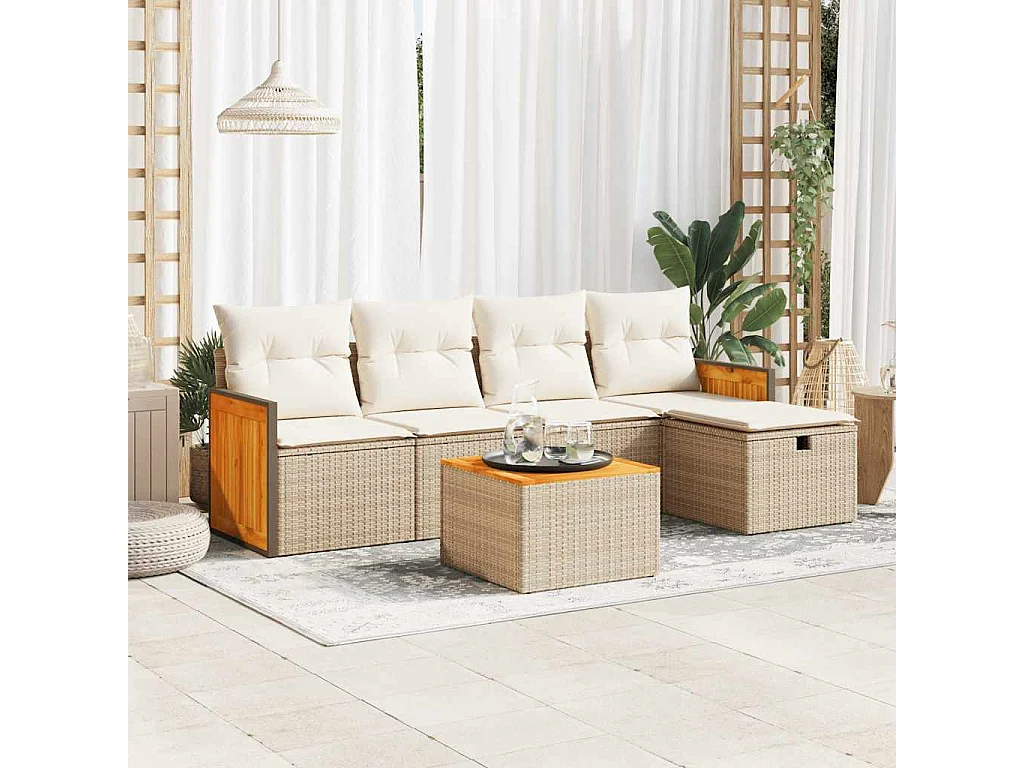 6-delige Loungeset met kussens poly rattan beige
