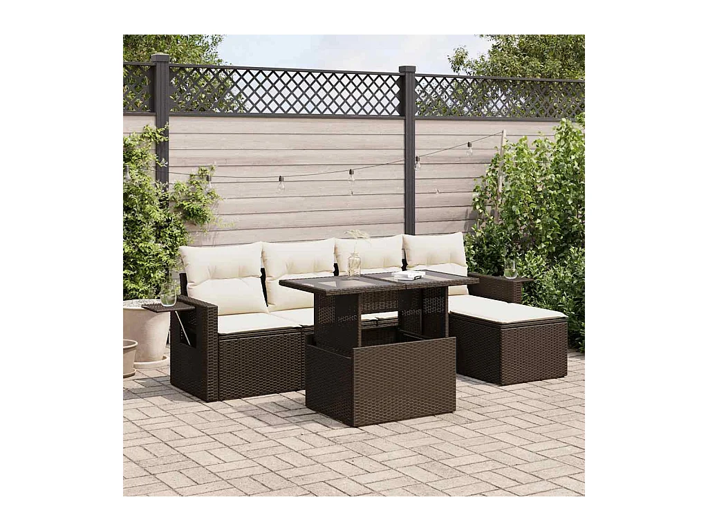 6-delige Loungeset met kussens poly rattan bruin
