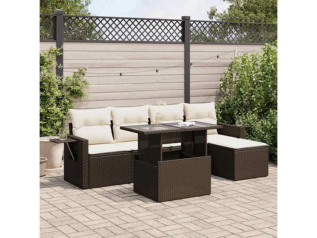 Salon de jardin avec coussins 6 pièces marron résine tressée