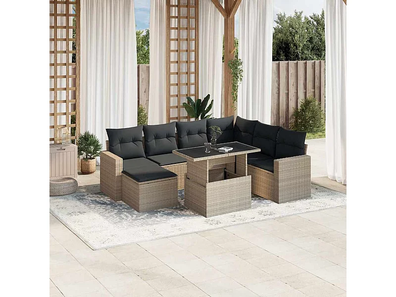 Salon de jardin 8 pièces avec coussins gris clair résine tressée