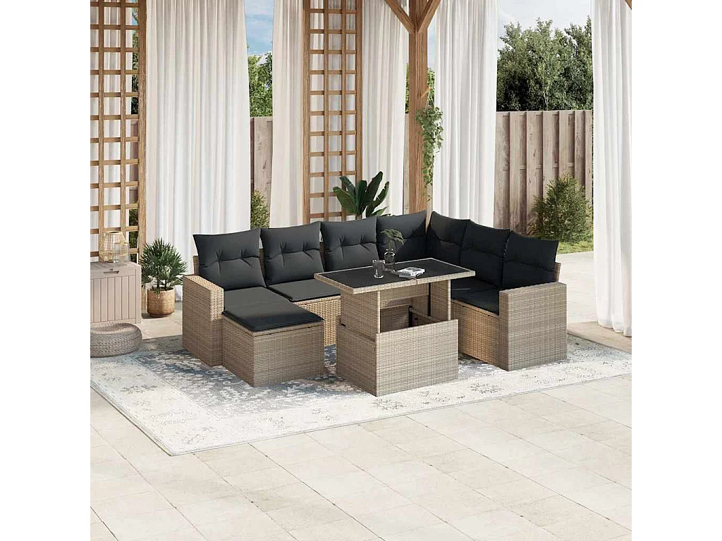 Salon de jardin 8 pièces avec coussins gris clair résine tressée