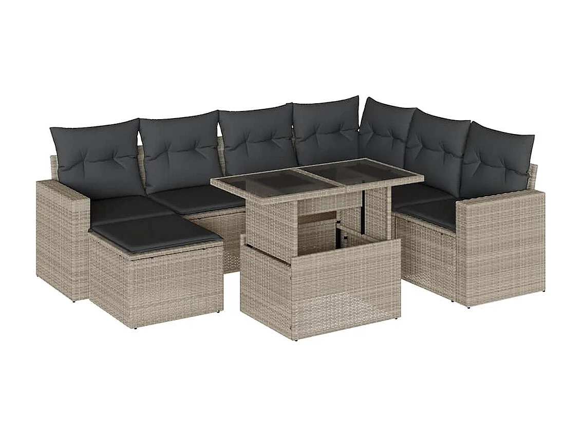 Salon de jardin 8 pièces avec coussins gris clair résine tressée