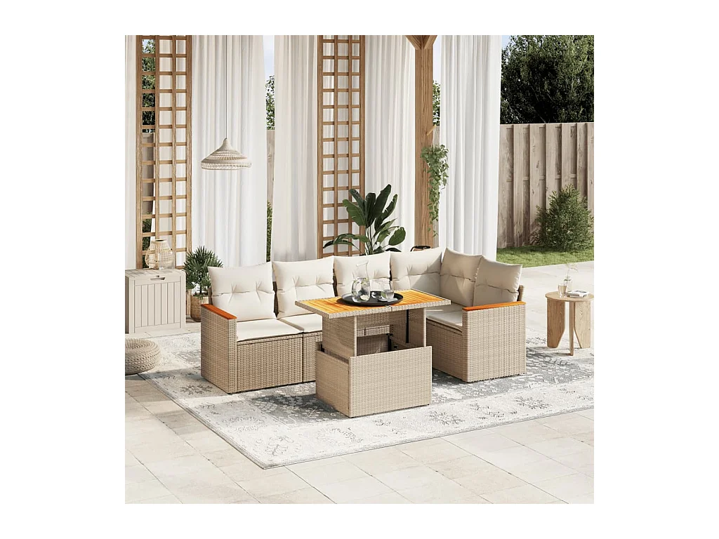 6-delige Loungeset met kussens poly rattan beige