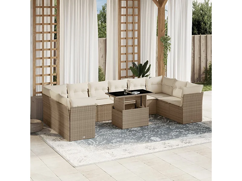 11 peças conjunto sofás de jardim com almofadões vime PE bege