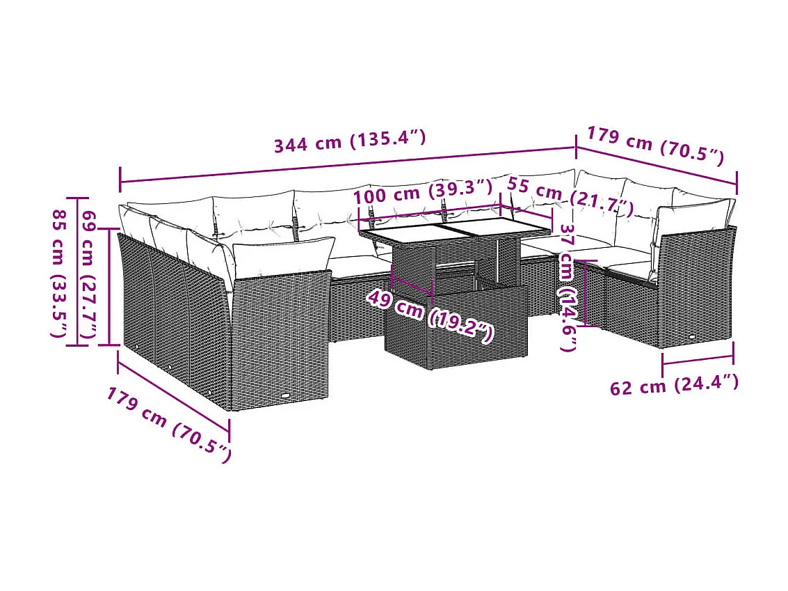 Salon de jardin 11 pièces avec coussins beige résine tressée