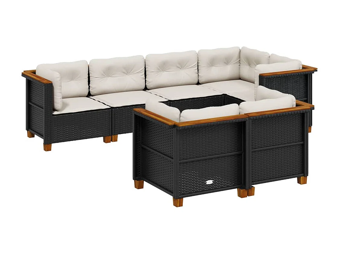 7 peças conjunto de sofás para jardim com almofadões vime PE preto