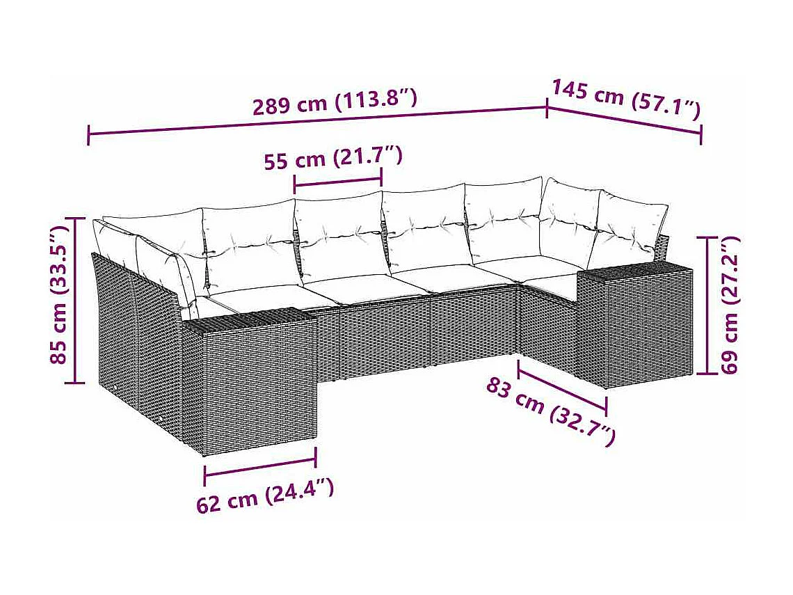 7-delige Loungeset met kussens poly rattan lichtgrijs