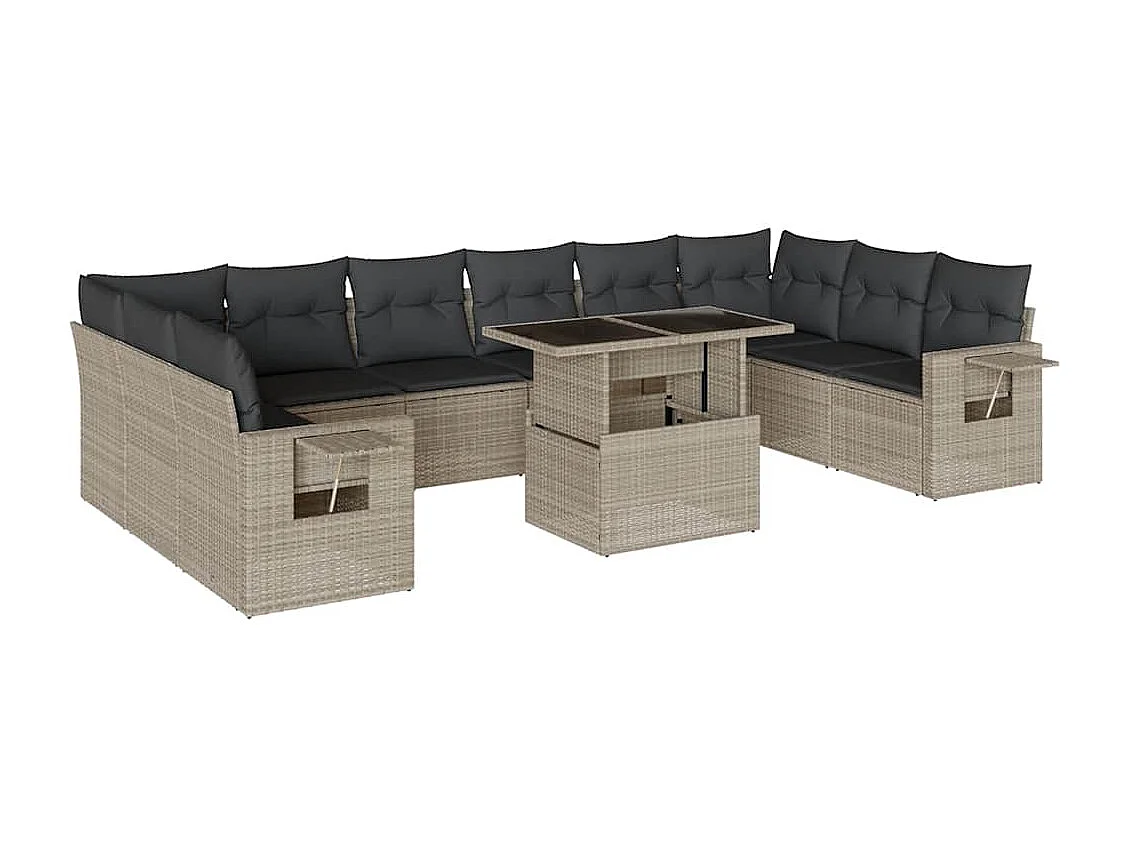 11-delige Loungeset met kussens poly rattan lichtgrijs