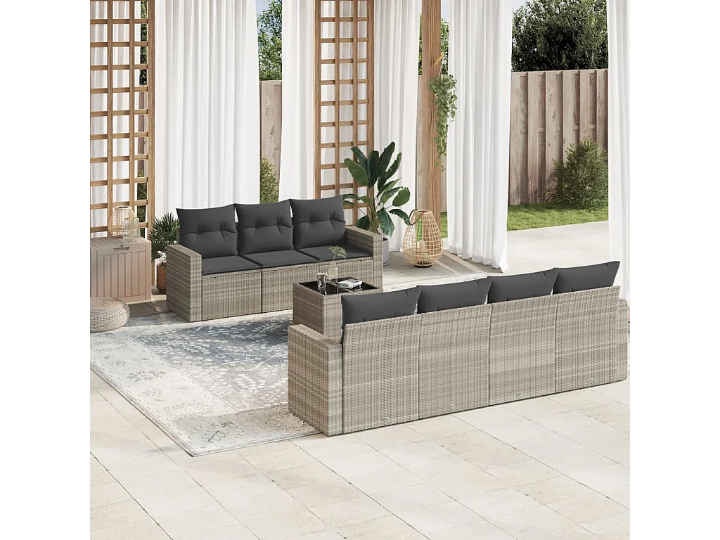 Salon de jardin 8 pièces avec coussins gris clair résine tressée