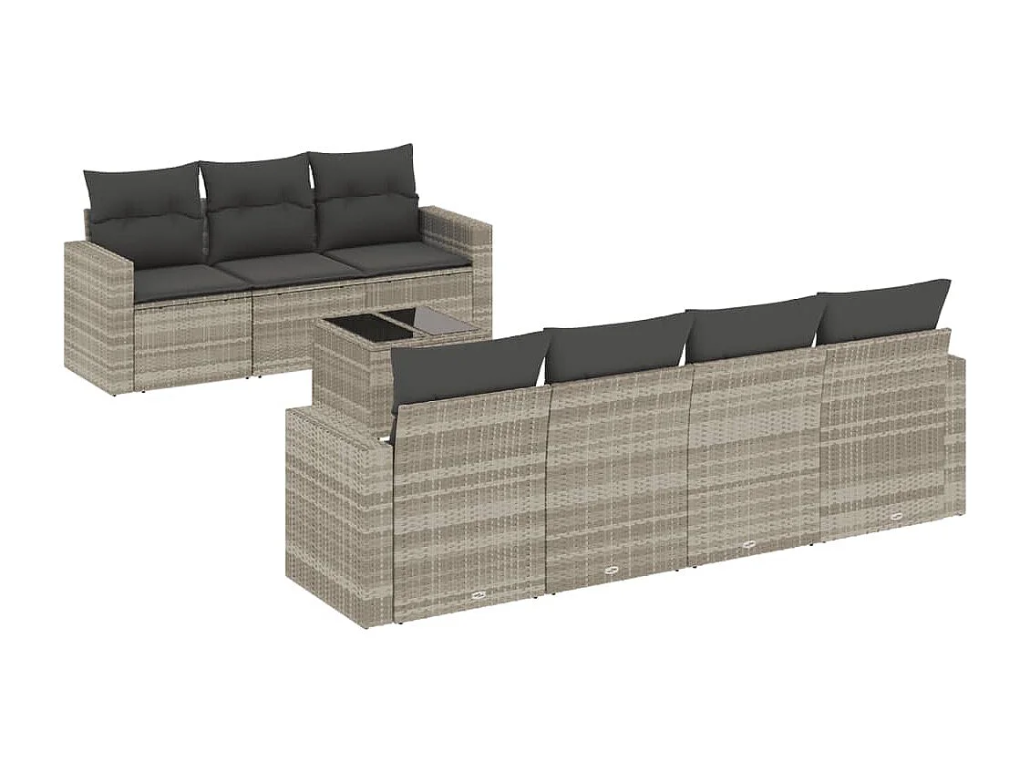 Salon de jardin 8 pièces avec coussins gris clair résine tressée