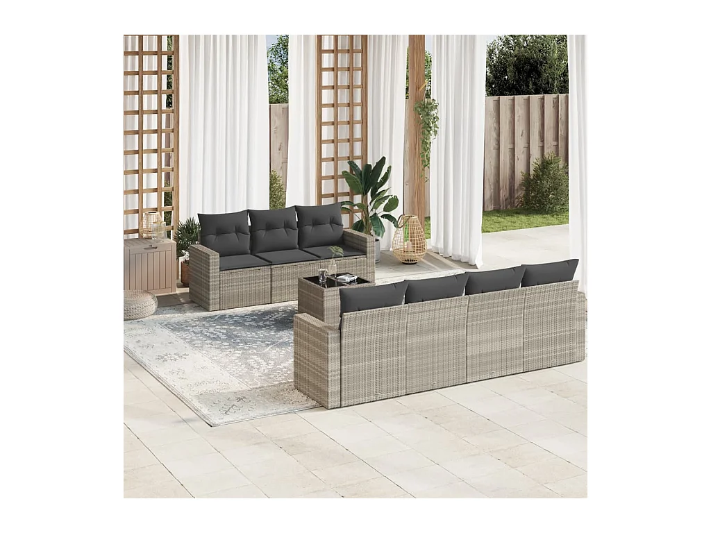 Set de sofás de jardín 8 piezas y cojines ratán sintético gris