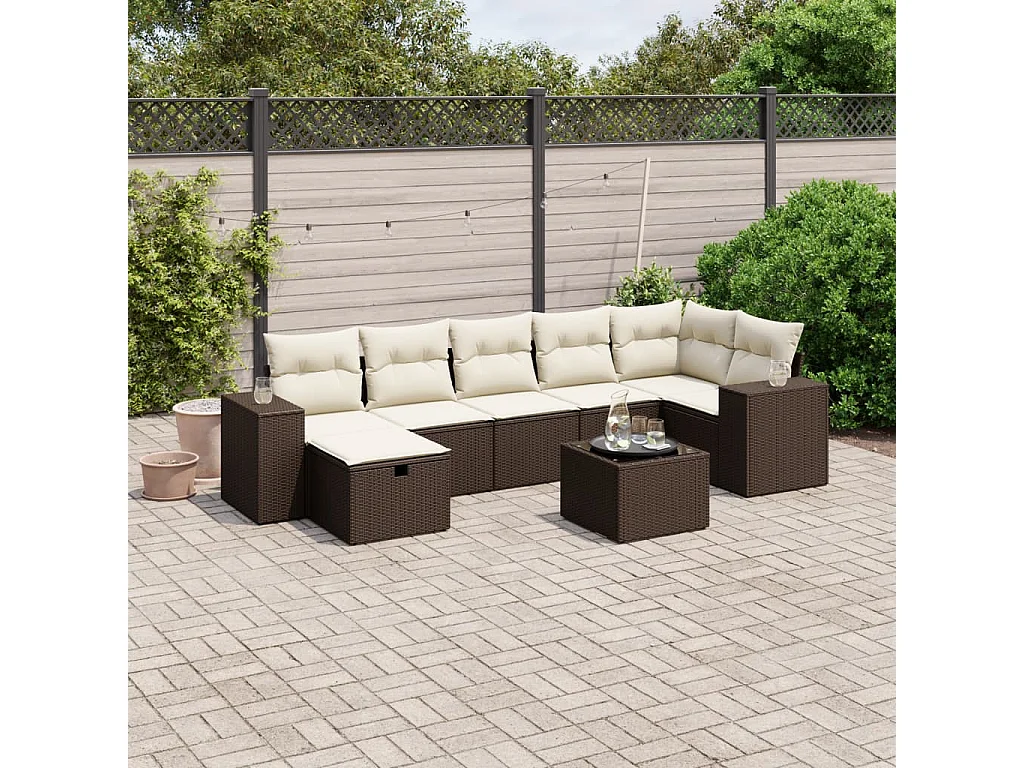 8-delige Loungeset met kussens poly rattan bruin