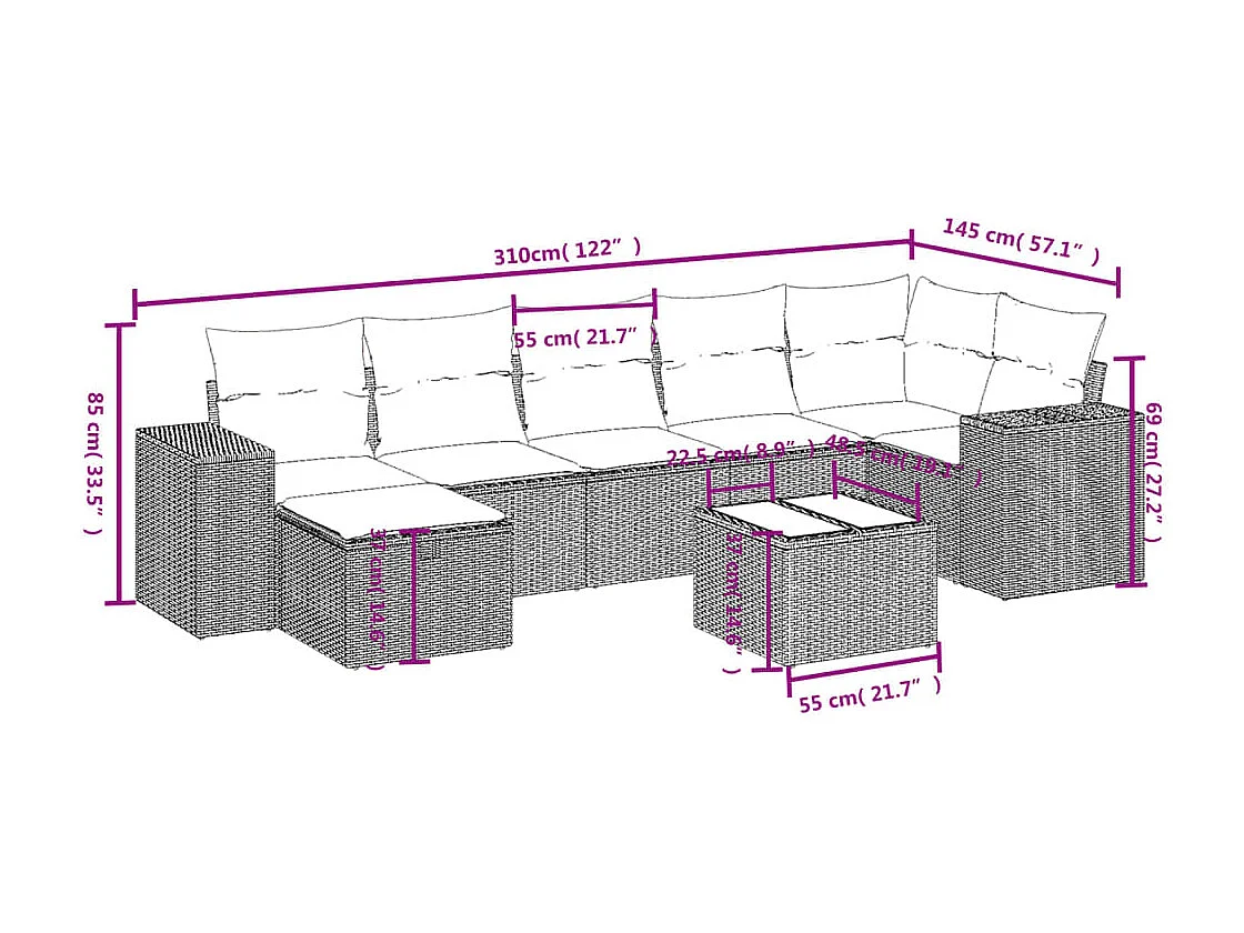 8-delige Loungeset met kussens poly rattan bruin