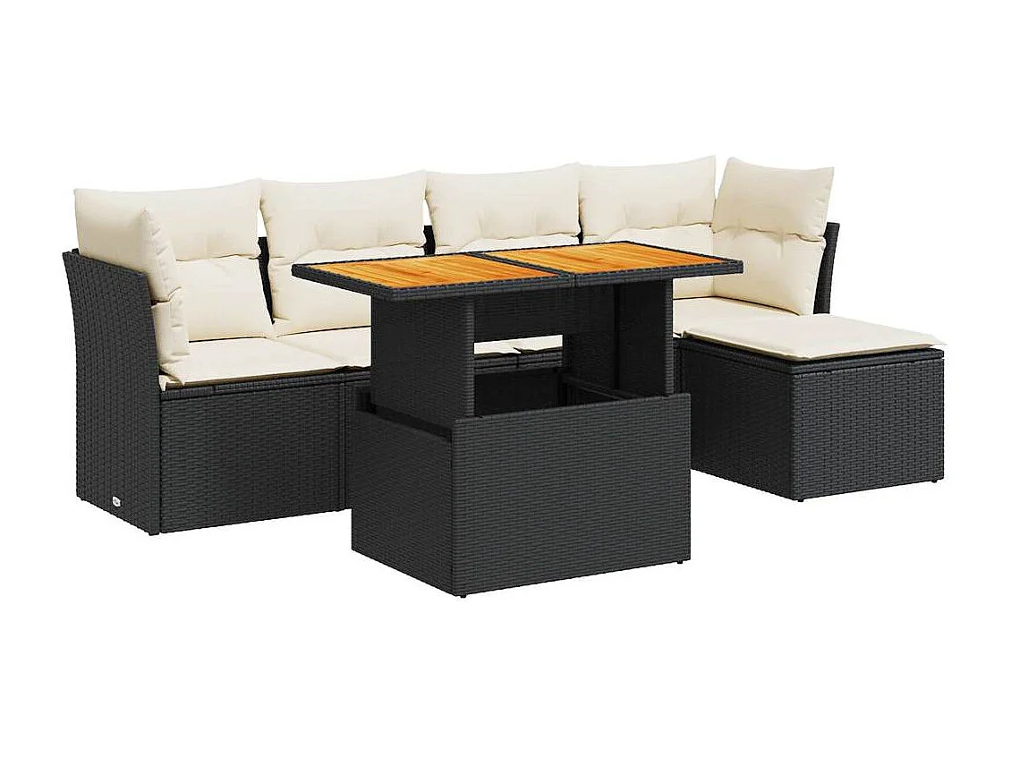 6-delige Loungeset met kussens poly rattan zwart