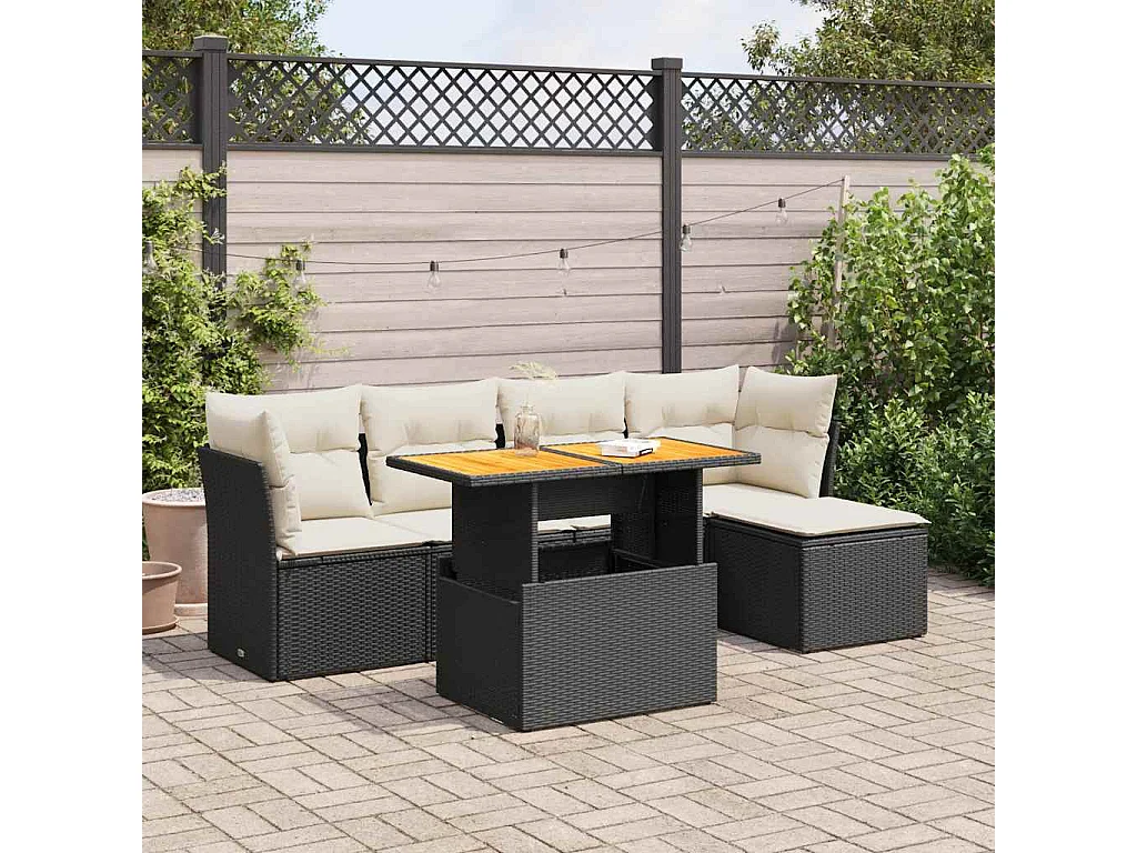 6-delige Loungeset met kussens poly rattan zwart