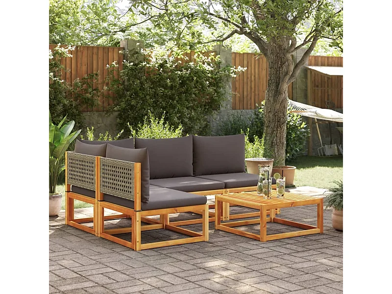 5-delige tuinbankset met kussens acaciahout & rotan