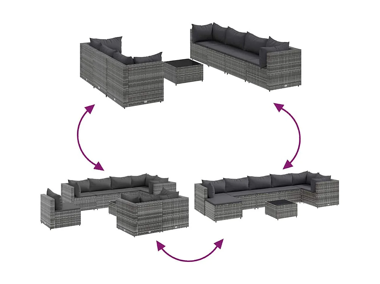 8-delige Loungeset met kussens poly rattan grijs