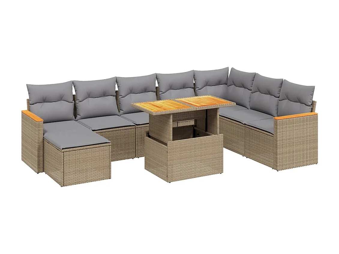 9 peças conjunto de sofás para jardim com almofadões vime PE bege