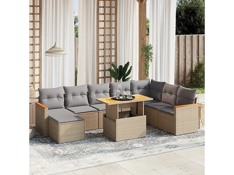 Set de sofás de jardín 9 piezas con cojines ratán sintético beige