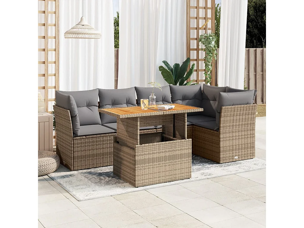 6-delige Loungeset met kussens poly rattan beige