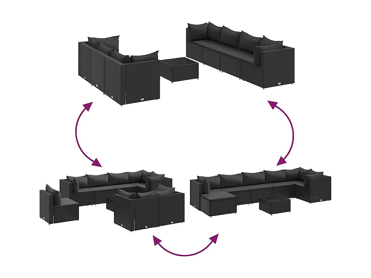 Set de muebles de jardín 8 piezas y cojines ratán sintético negro