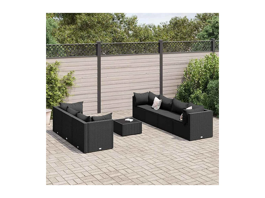 Salon de jardin 8 pièces avec coussins noir résine tressée