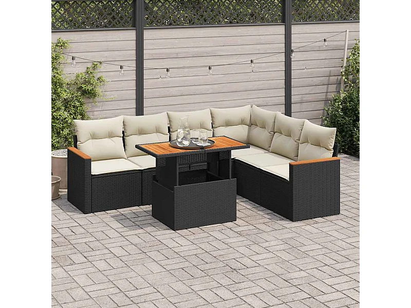 7-delige Loungeset met kussens poly rattan acacia zwart
