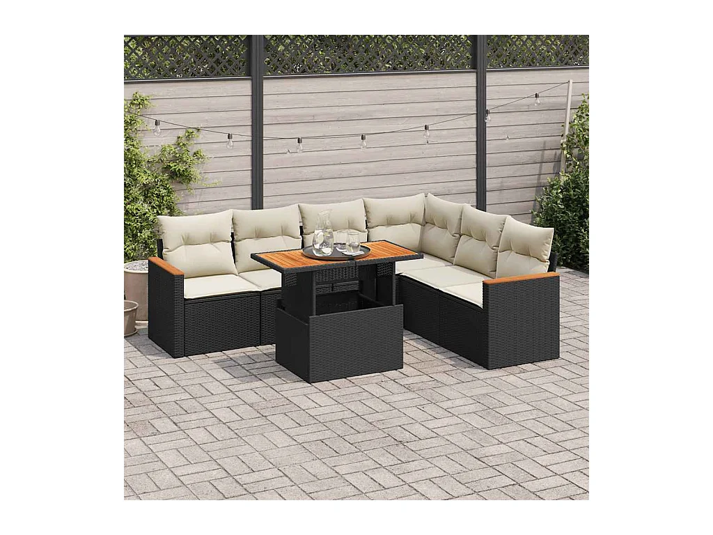 7 peças conjunto sofás jardim com almofadões vime PE/acácia preto