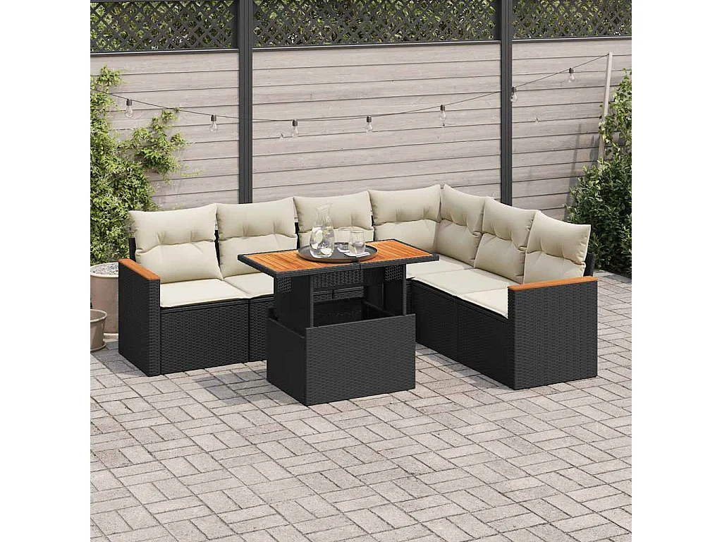 Salon de jardin avec coussins 7 pièces noir résine tressée acacia