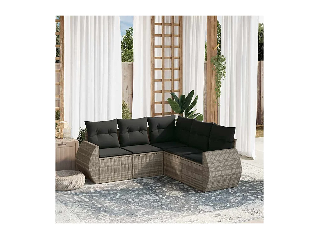 Salon de jardin 5 pièces avec coussins gris clair résine tressée