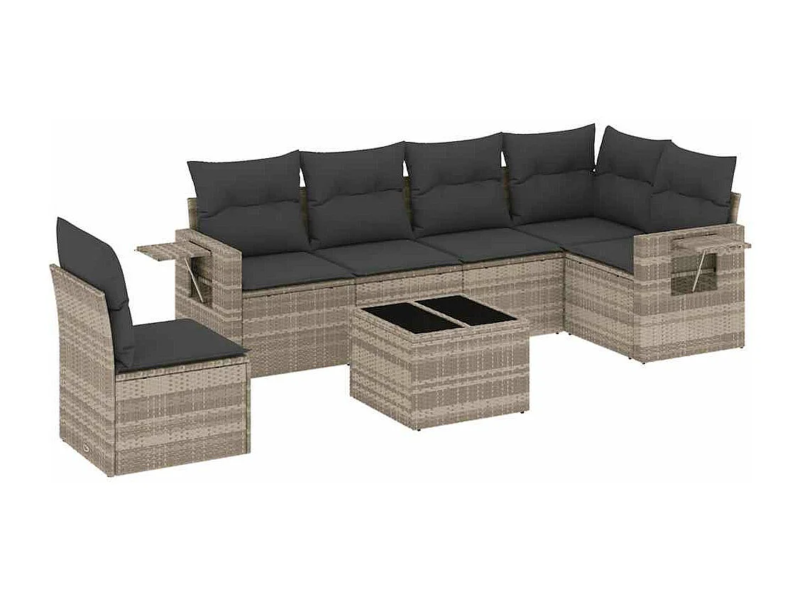 Set de sofás de jardín 7 piezas con cojines ratán PE gris claro