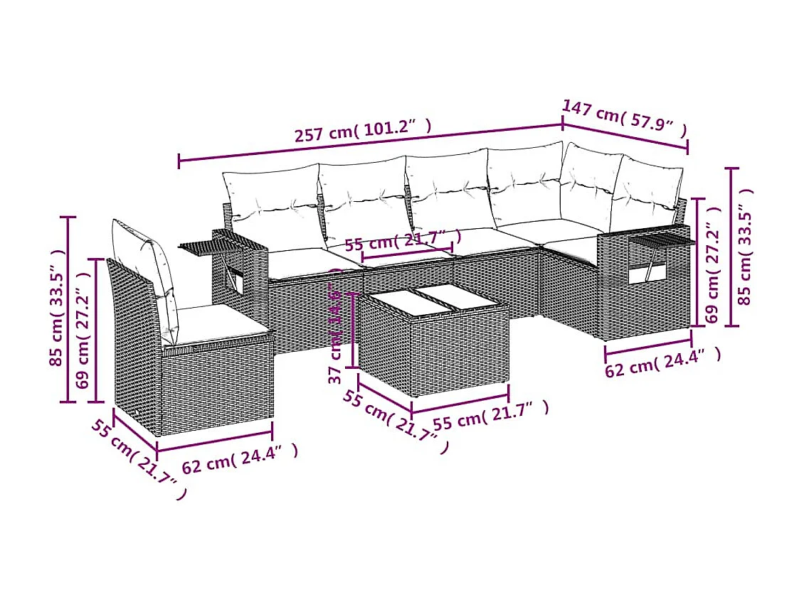 Set de sofás de jardín 7 piezas con cojines ratán PE gris claro