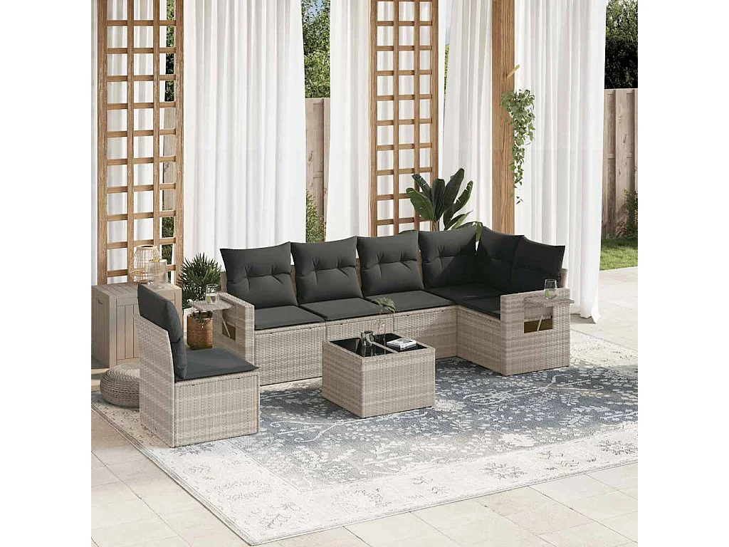 Salon de jardin avec coussins 7 pièces gris clair résine tressée