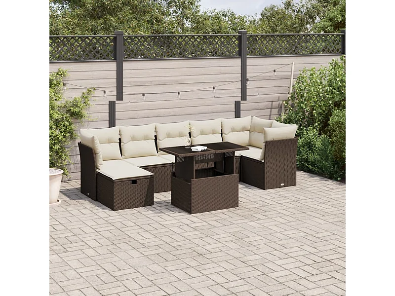 8-delige Loungeset met kussens poly rattan bruin