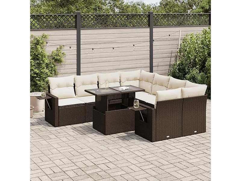 Salon de jardin avec coussins 9 pièces marron résine tressée