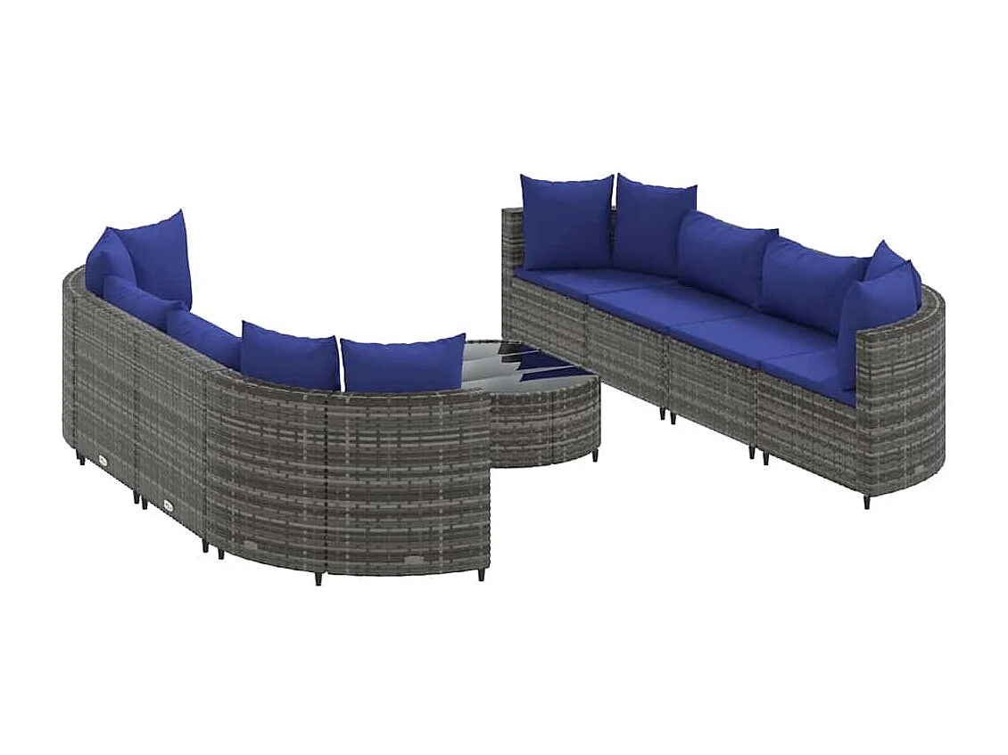 9-delige Loungeset met kussens poly rattan grijs