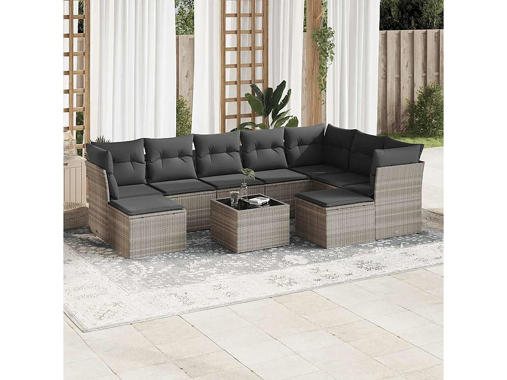 10 peças conj. sofás jardim com almofadões vime PE cinzento-claro