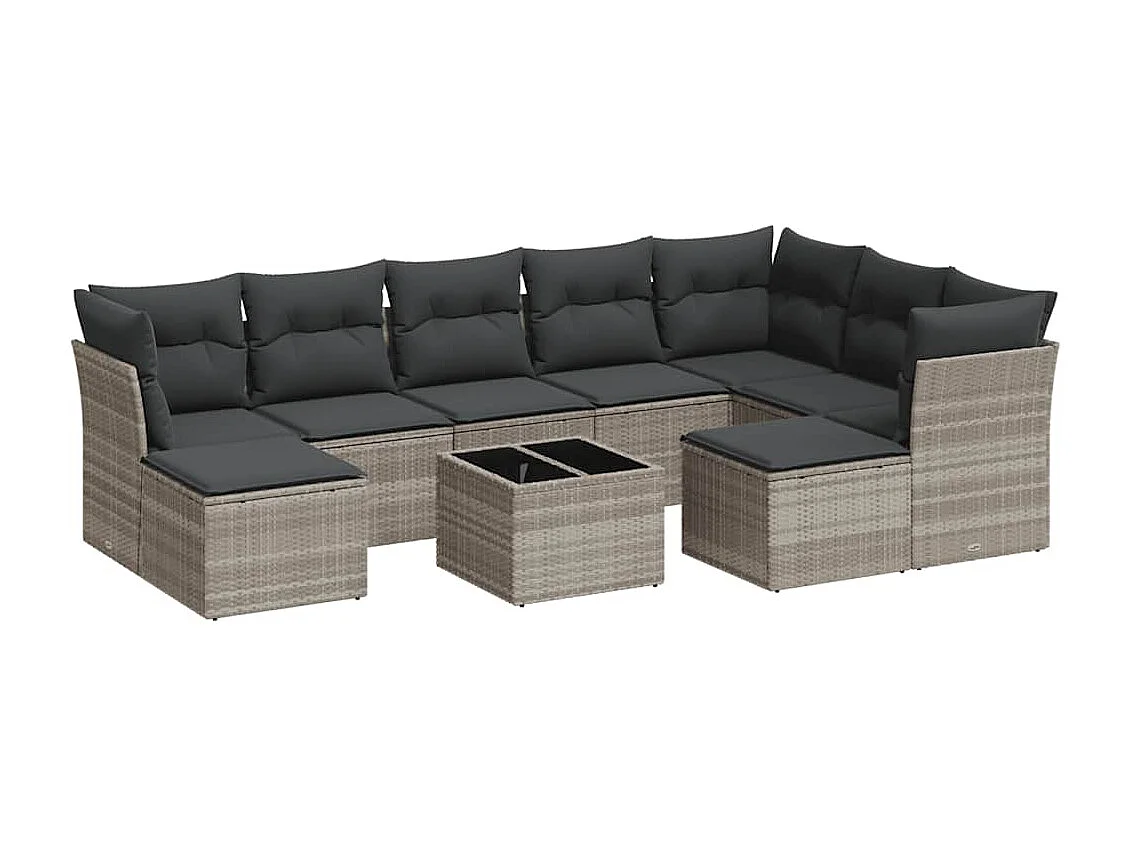 10 peças conj. sofás jardim com almofadões vime PE cinzento-claro