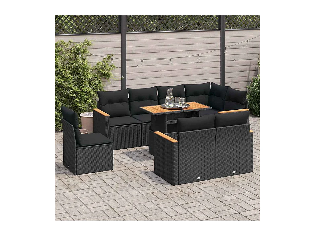 9-delige Loungeset met kussens poly rattan acacia zwart