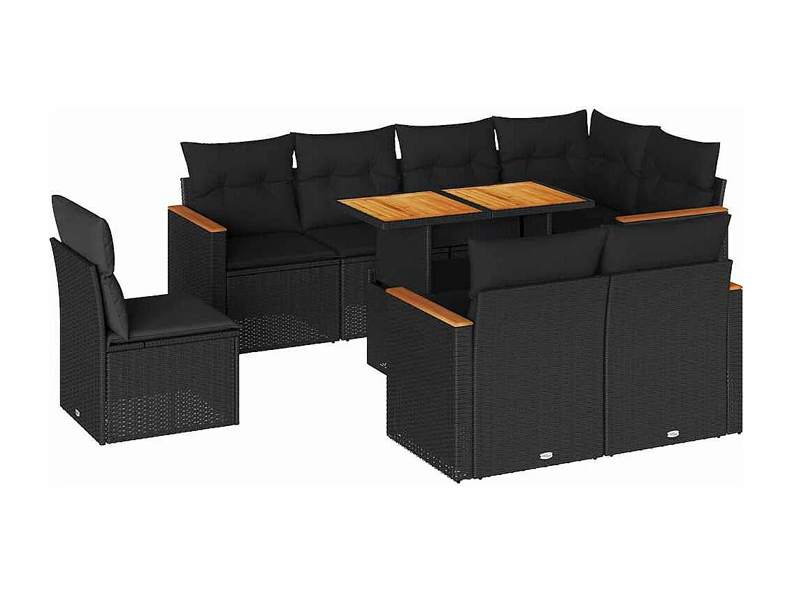 Set sofás jardín y cojines 9 piezas ratán sintético acacia negro