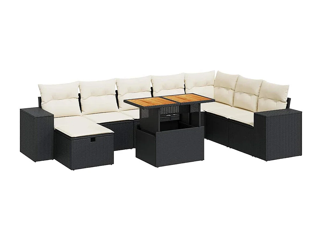 9-delige Loungeset met kussens poly rattan acacia zwart